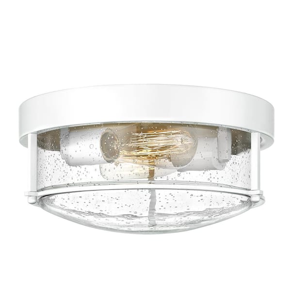 JAZAVA 12 in. 2-Light White With Seeded Glass Shade Ceiling Flush Mount Light