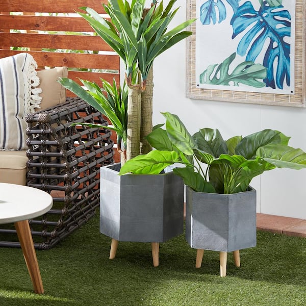 Litton Lane 15 in. and 17 in. Planters with Stand and Pot For Indoor Plants Hexagon, Grey (Set of 2)
