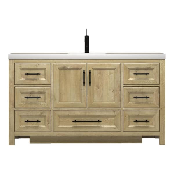 VIV 59 in. W x 20 in. D x 35 in. H Single Sink Freestanding Bath Vanity in Teak Oak with White Acrylic Top