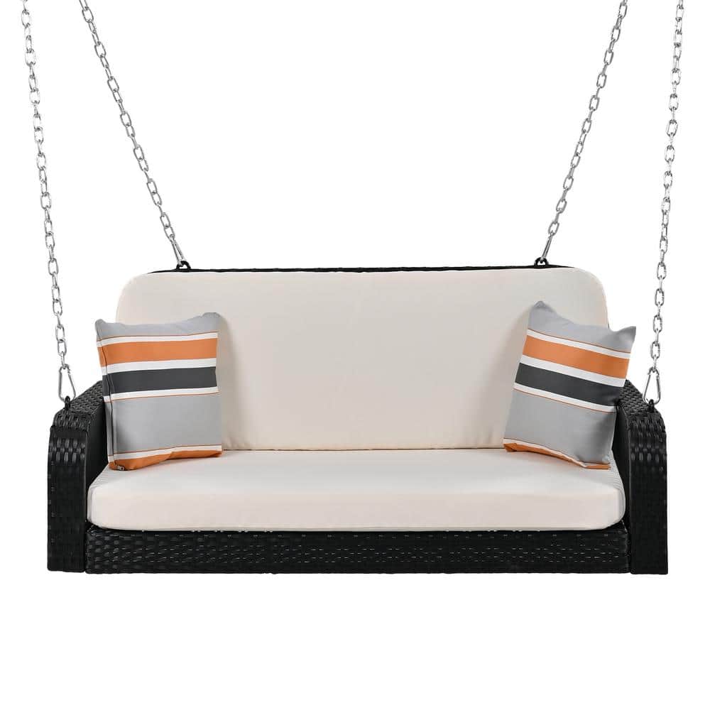 2-Person Black Wicker Porch Swing, Patio Hanging Bench With Chains and Beig
