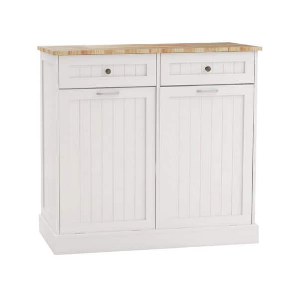 Unbranded 39.37-in W x 13.78-in D x 35.34-in H in White Wood Tilt-Out Trash Cabinet Kitchen Cabinet with 2 Drawers