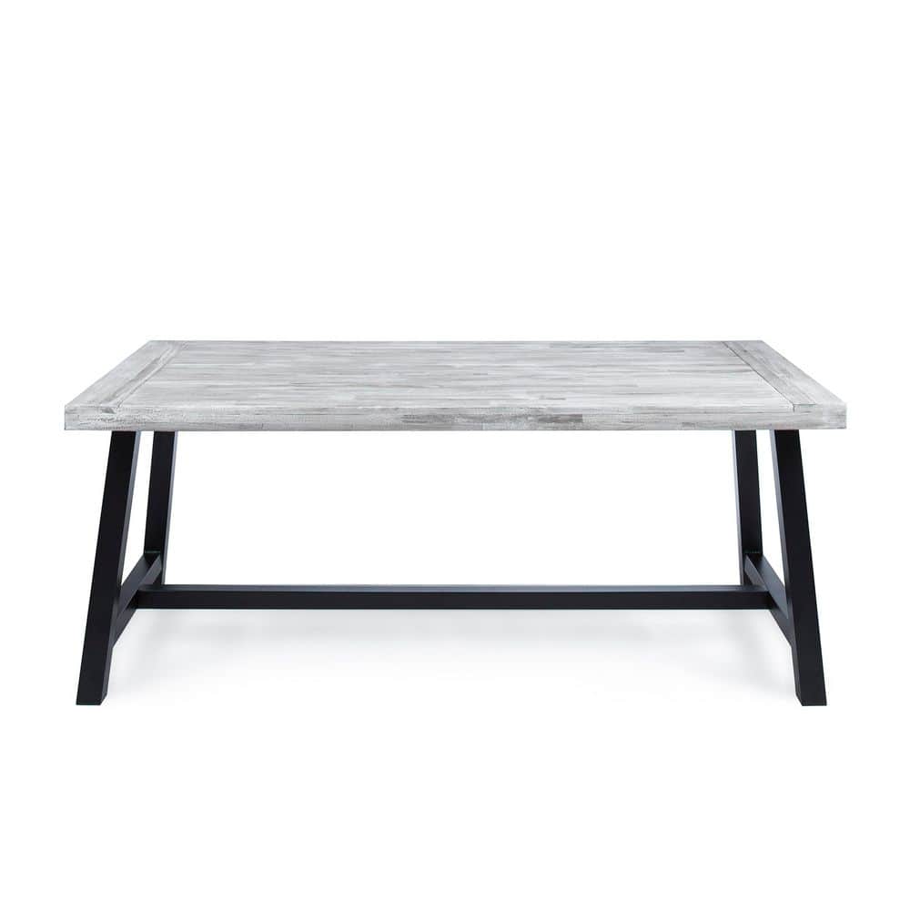Black Rustic Metal Frame Rectangle Outdoor Dining Table with Light Grey Sandblast Finish and Slat Design