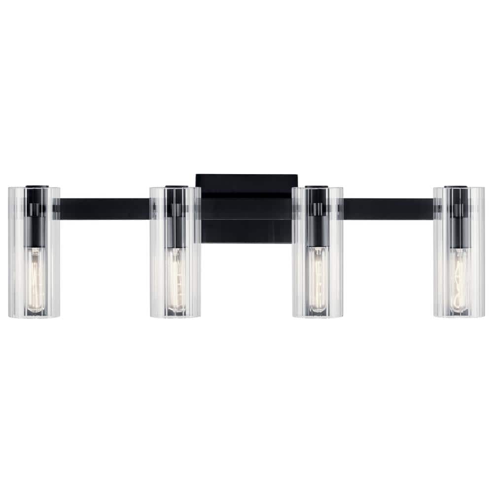 Black and Clear Fluted Glass 4-Light Vanity Fixture