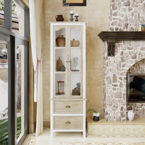 FUFU&GAGA 73 in. Tall White and Wooden Grain Wood 3-Shelf Accent Standard Bookcase with 2 Glass Doors and 2 Drawers