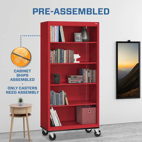 Mobile Bookcase Series 78 in. Tall Red Steel 5-Shelf Standard Bookcase with Casters