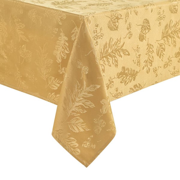 Elegant Woven Leaves Jacquard Damask Tablecloth, Gold - 60"W x 144"L