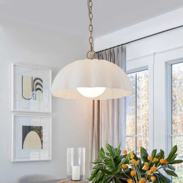 15.98 in. 1-Light Brass and White Dome Hanging Pendant Light for Kitchen Island