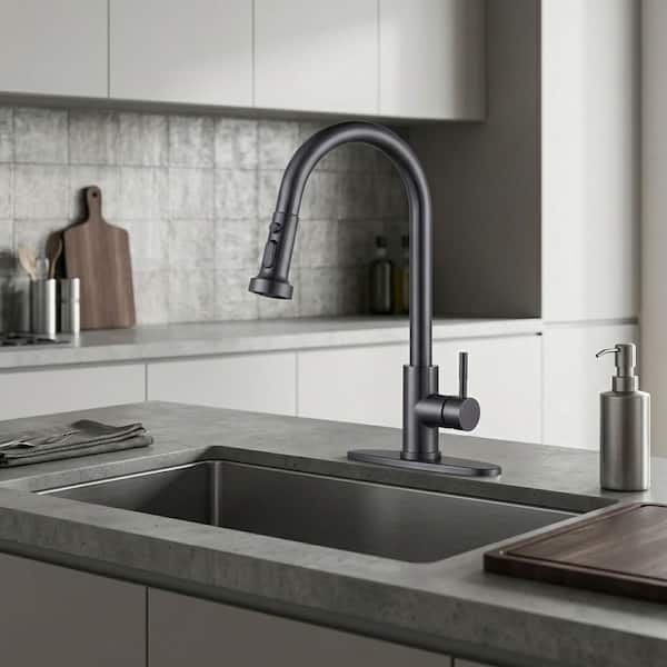 Black Stainless Steel 15 in. H Single-Handle Pull-Down Kitchen Faucet with 360° Spout Swivel and 3-Spray Mode