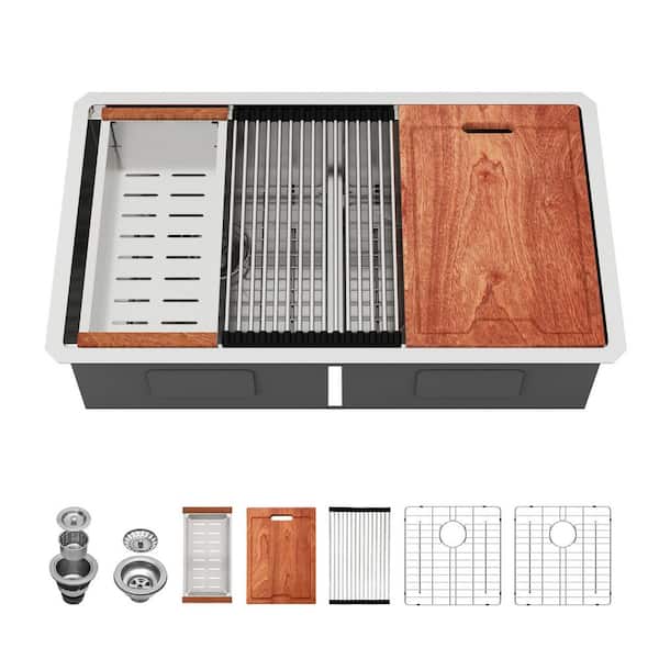 32 in. Low Divide Undermount Workstation Kitchen Sink 50/50 Double Bowl 16-Gauge Stainless Steel with Accessories