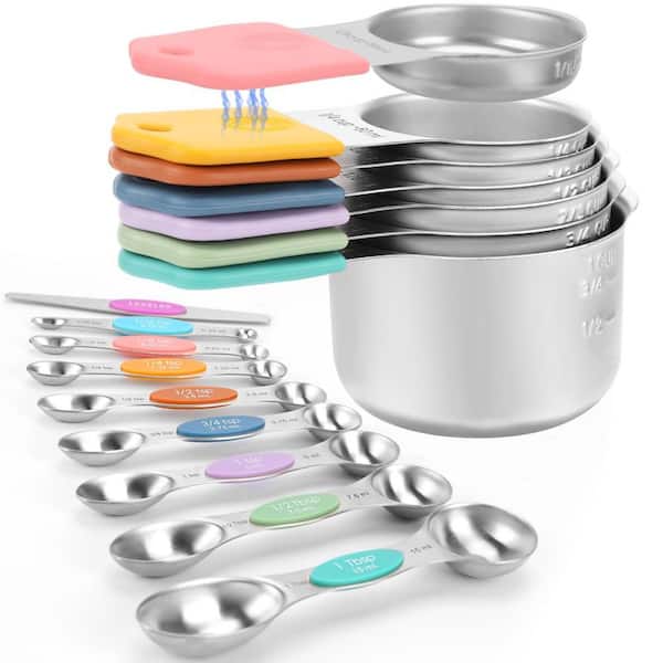 16-Piece Magnetic Measuring Cups and Spoons Set, Heavy Duty 304 Stainless Steel, Double Measurement Markings, Colorful