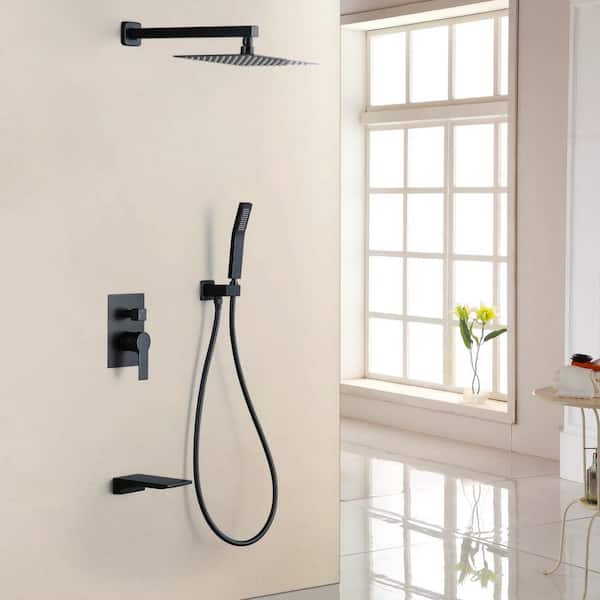 Satico Single Handle 1-Spray Tub and Shower Faucet 2.5 GPM with 10 in. Rain Shower Head in Black Valve Included
