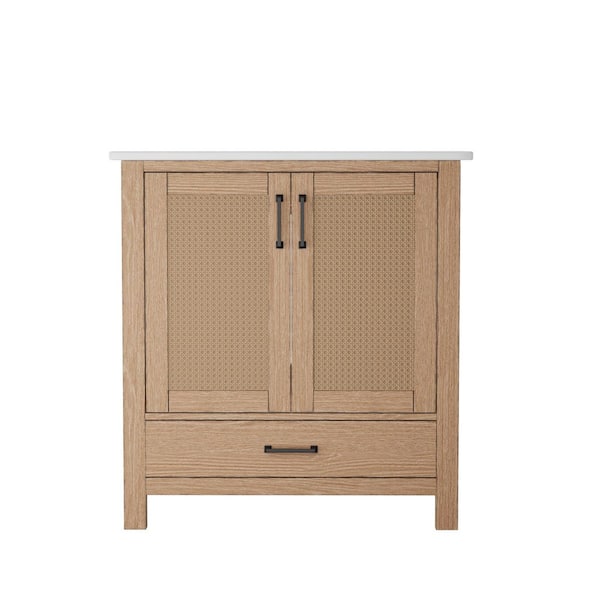 30 in. Single Sink Freestanding Weathered Tan Bath Vanity with Natural Rattan Detail and White Ceramic Top (Assembled)