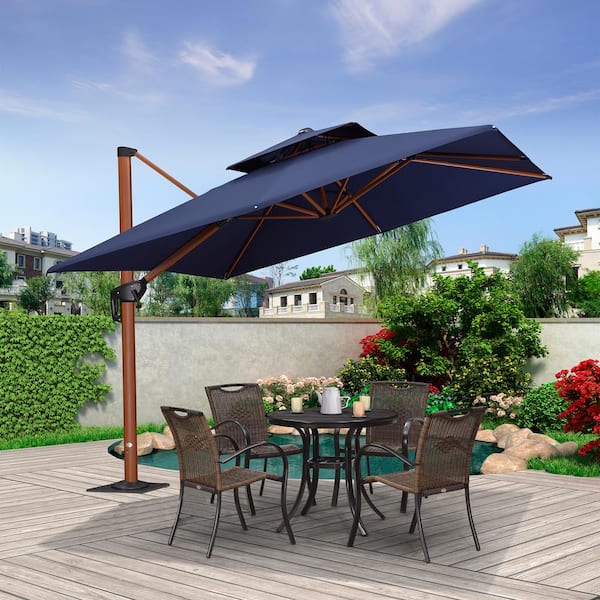 PURPLE LEAF 9 ft. Square High-Quality Wood Pattern Aluminum Cantilever Polyester Patio Umbrella with Base Plate, Navy Blue