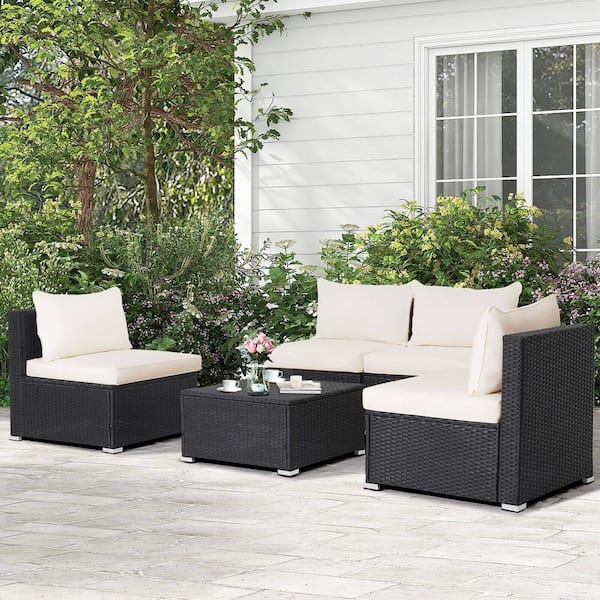 Liviza 5-Pieces Wicker Outdoor Patio Conversation Set with Off White Cushions and Coffee Table