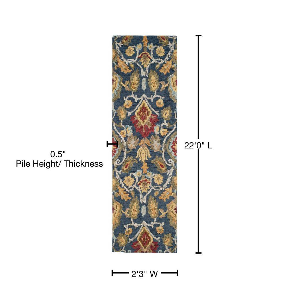 Navy and Multicolor Handmade Wool Floral Runner Rug