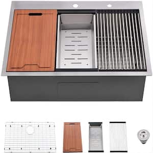 33 in. Brushed Nickel Undermount Single Bowl 16 Gaige Stainless Steel Kitchen Sink w/ Intergrated Ledge and Accessories