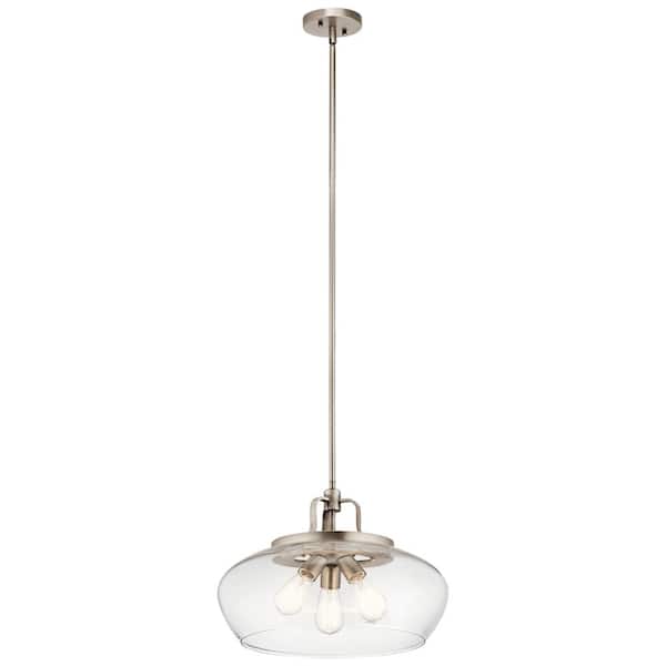 KICHLER Davenport 3-Light Antique Pewter Transitional Shaded Kitchen Convertible Pendant Hanging Light to Semi-Flush