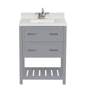 Milan 25 in. Bath Vanity in Grey with Cultured Marble Vanity Top with Backsplash in Carrara White with White Basin