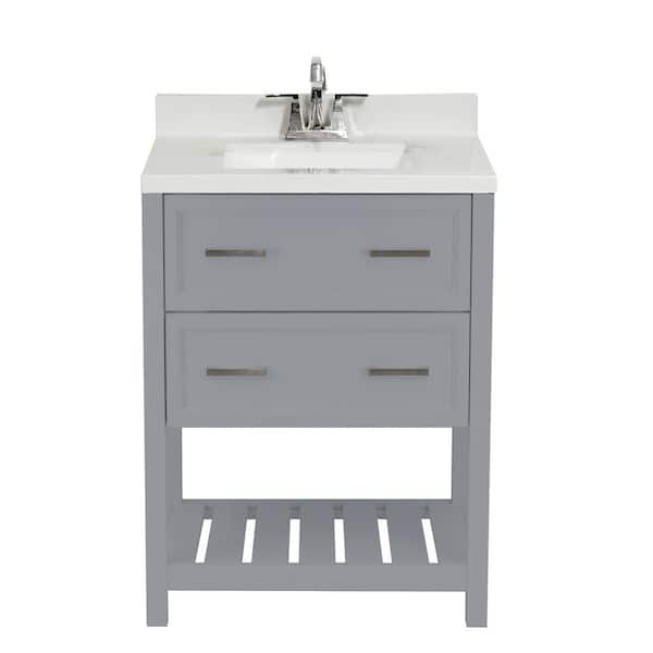 Amluxx Milan 25 in. Bath Vanity in Grey with Cultured Marble Vanity Top with Backsplash in Carrara White with White Basin