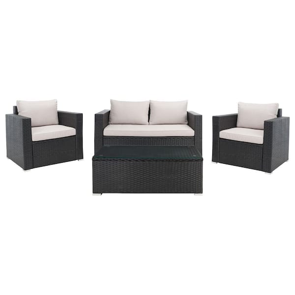 Machie Black 4-Piece Wood Patio Conversation Set with Light Gray Cushions