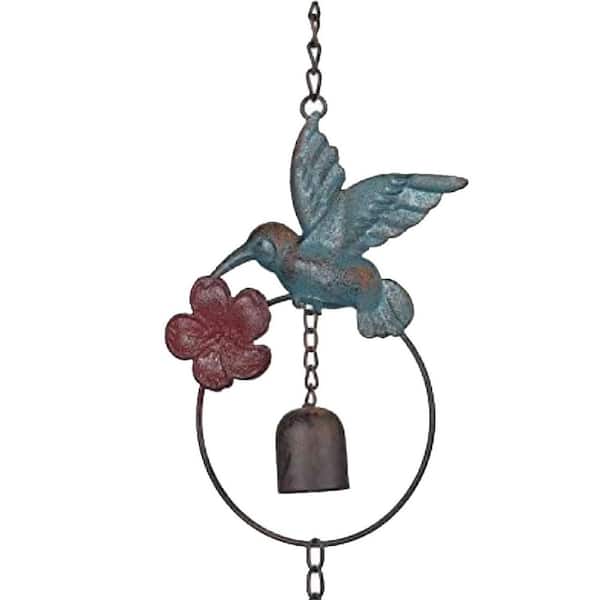 Flamed Hummingbird and Bell Rain Chain 8.5 ft. Length Colorful Hanging Outdoor Garden Ornament