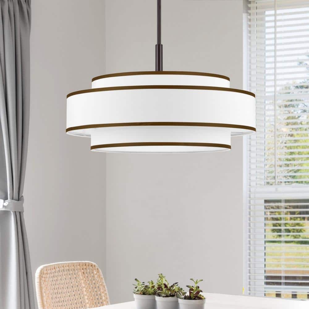 Bronze and White Fabric Double Drum 5-Light Chandelier