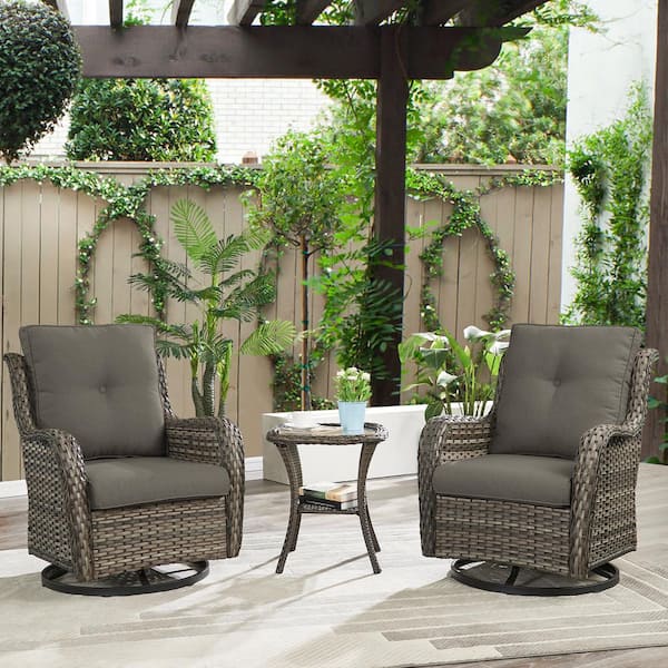 Opohoro ArcoBay 3-Piece Gray Wicker Swivel Outdoor Rocking Chairs Patio Conversation Set with Olefin Gray Cushions