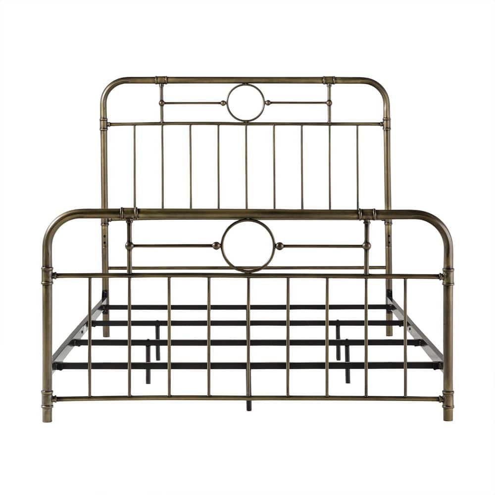 Bronze Queen Metal Frame Bed with Upholstered Headboard