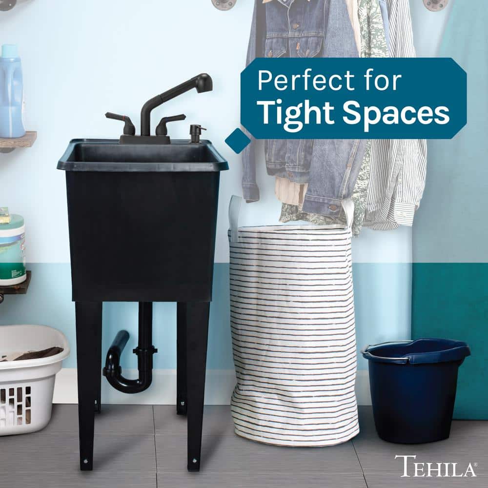 Black Freestanding Thermoplastic Utility Sink with Faucet for Laundry Room
