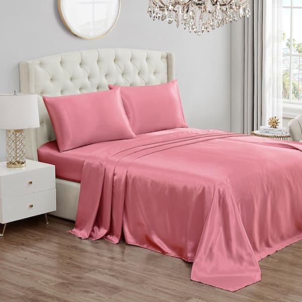 JUICY COUTURE Silky Satin 4-Piece Rose Pink Solid Color Microfiber King Deep Pocket Sheet Set