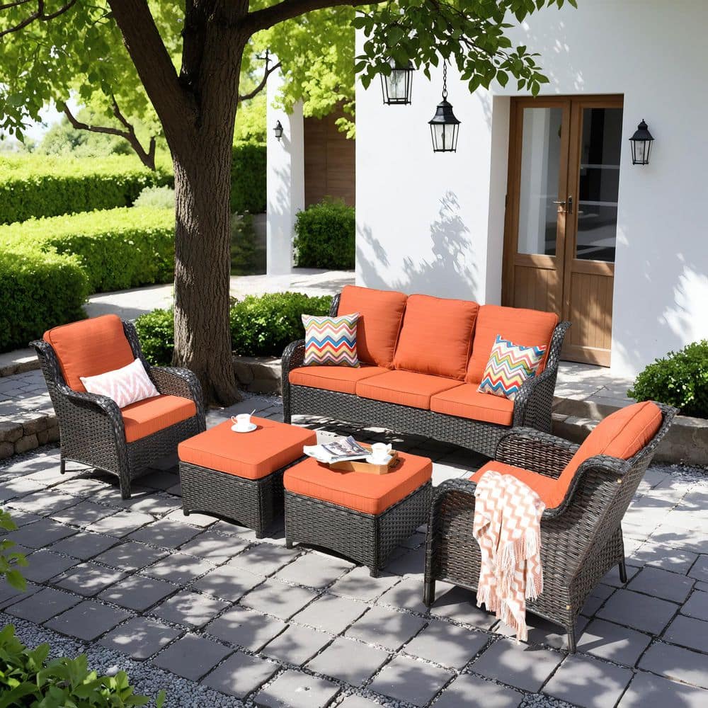 XIZZI Erie Lake Brown 5-Piece Wicker Outdoor Patio Conversation