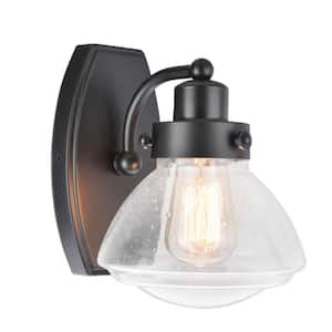 1-Light Black Vanity Light with Clear Seedy Glass Shade