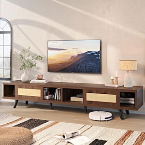 70 in. Mid-century TV Stand Fits TV up to 75 in. with LED Light Rattan Sliding Door and Open Shelves Storage Walnut