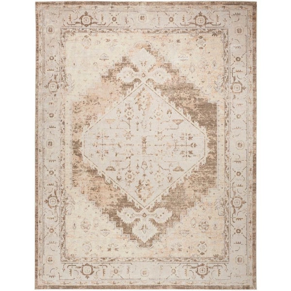 Nourison Astra Machine Washable Beige 9 ft. x 12 ft. Center medallion Traditional Area Rug