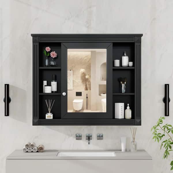 35 in. W x 28 in. H Black Rectangular Surface Mount Medicine Cabinet with Mirror, Adjustable Shelf