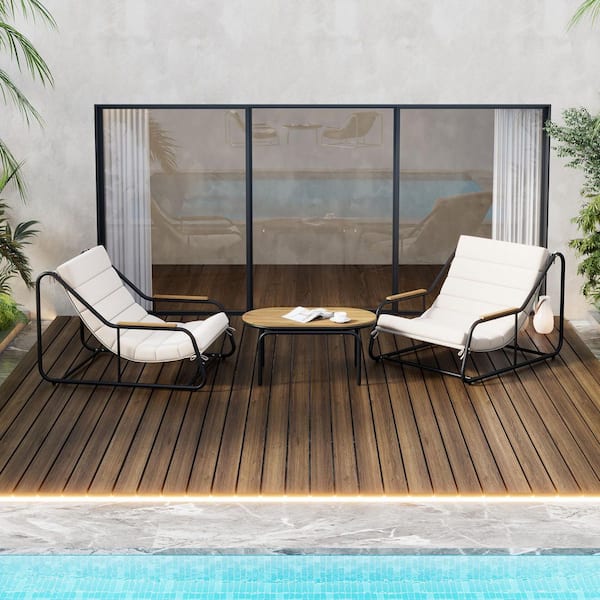 Sudzendf Black Metal Outdoor Patio Chaise Lounge Set with Beige Cushions