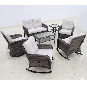 7-Piece Wicker Patio Conversation Set with Beige Cushions - Loveseat, Rocking Chairs, Swivel Rockers with 2-Teirs Tables