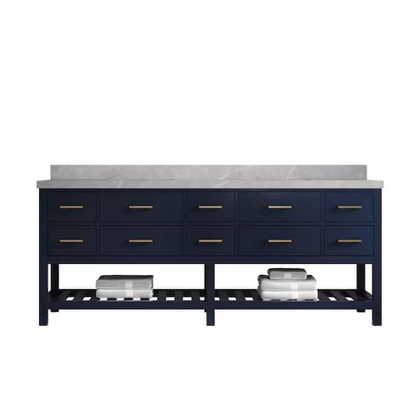 Willow Collections Parker 84 in. Double Sink Freestanding Navy Blue Bath Vanity with Regular Pearl Gray Qt. Top Unassembled
