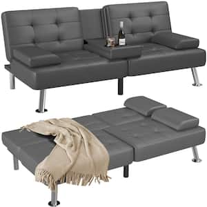 65 in. Convertible Folding Futon Sofa Bed, Gray Faux Leather Upholstered Roomy Love Seat