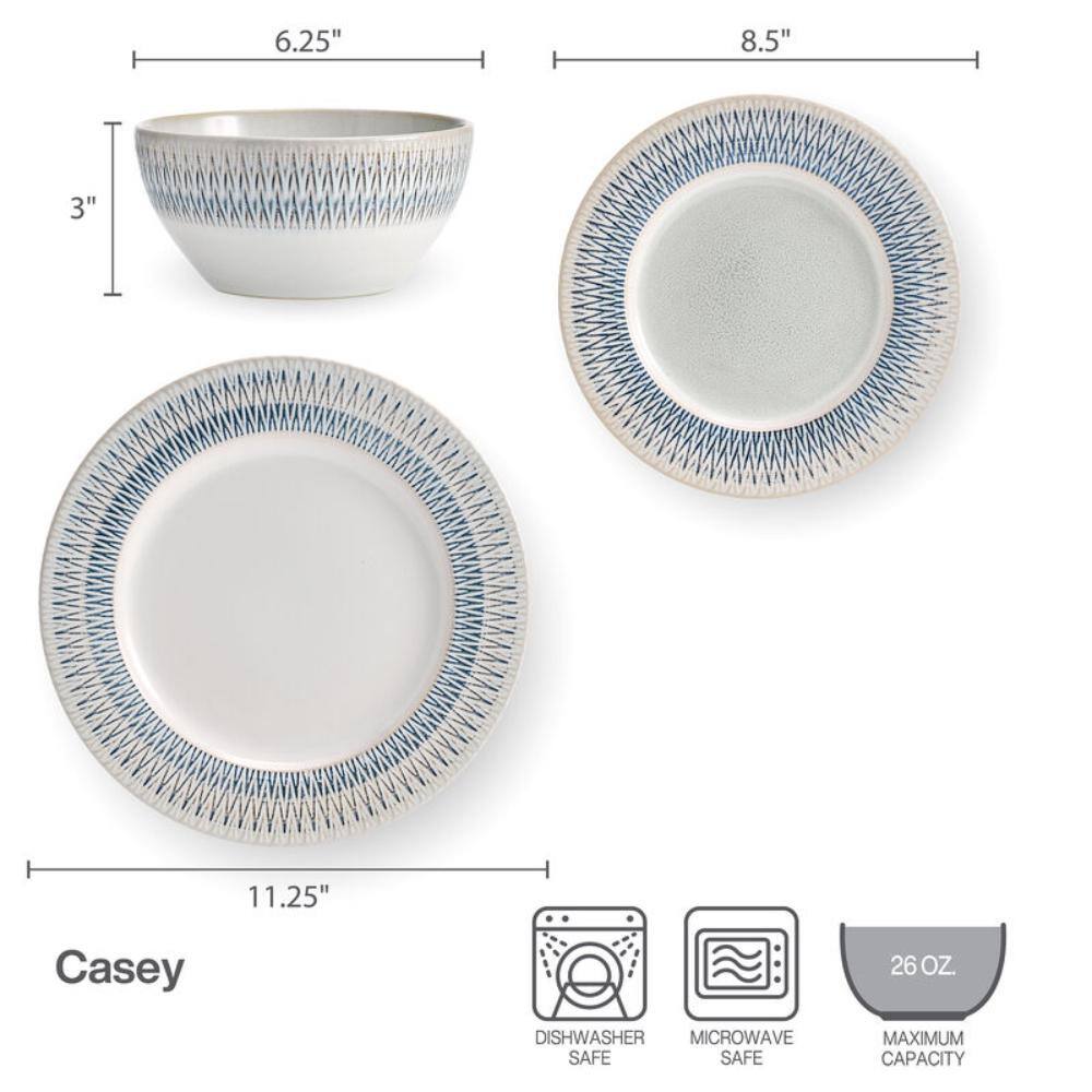 Casey White and Blue Ceramic 12-Piece Dinnerware Set