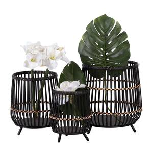Black Bamboo Round Outdoor Planters on Bamboo Stand 3- Pack