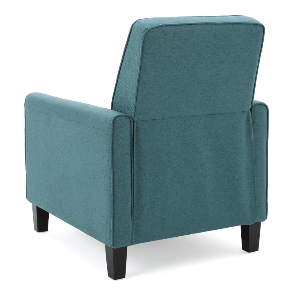 Side view of a teal upholstered recliner chair.