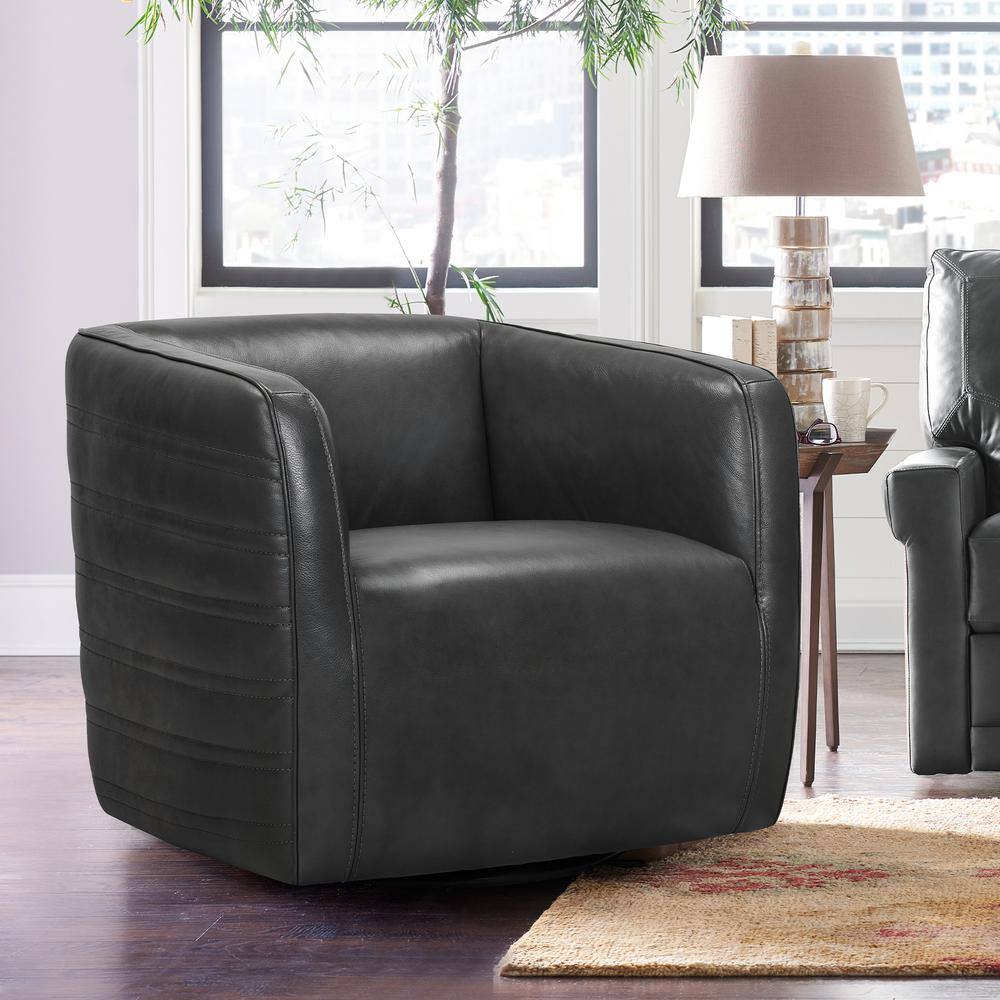 Pewter Leather Swivel Barrel Accent Chair with Wood Frame
