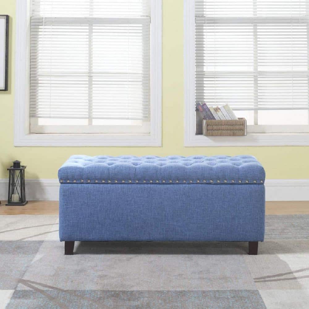 Blue Button Tufted Storage Ottoman with Nailhead Trim