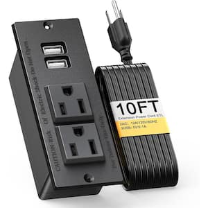 10 ft. Extension Power Cord Flush Mount 2-Outlet with 2 USB Port - ETL Listed in Black