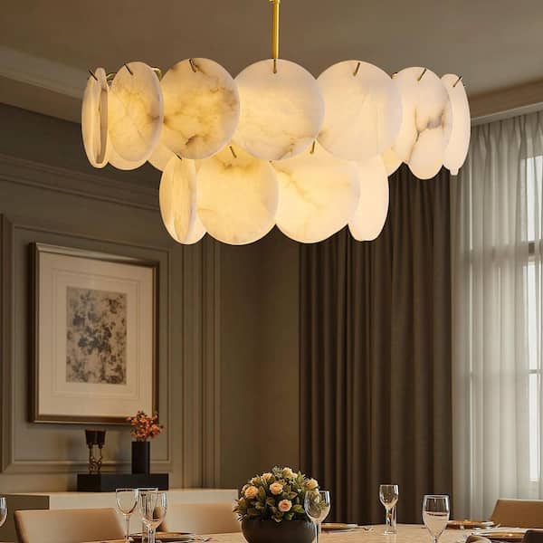 24 in. 12-Light Modern 2-Tier Natural Alabaster Chandelier Gold Dining Room Chandeliers for Living Room Foyer