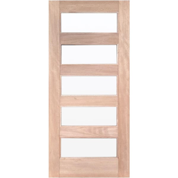 36 in. x 80 in. Solid Wood 5 Lite Flush Universal Clear Glass Unfinished Wood Front Door Slab