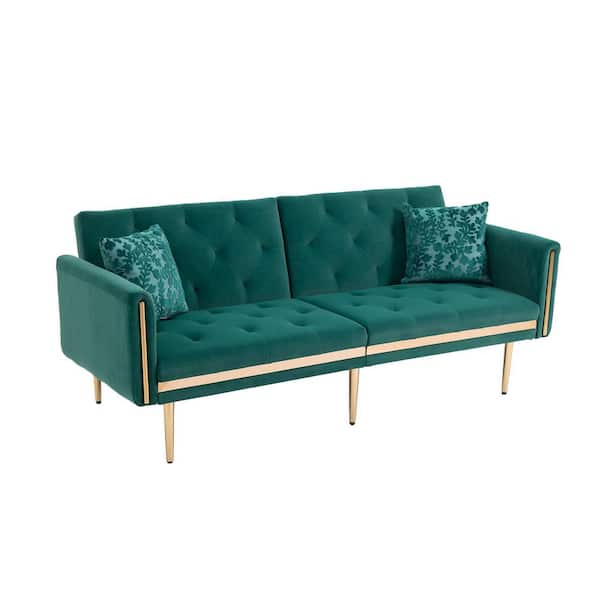 Angel Sar 73.23 in. Width Green Tufted Velvet Twin Size Sofa Bed with 2 Patterned Pillows