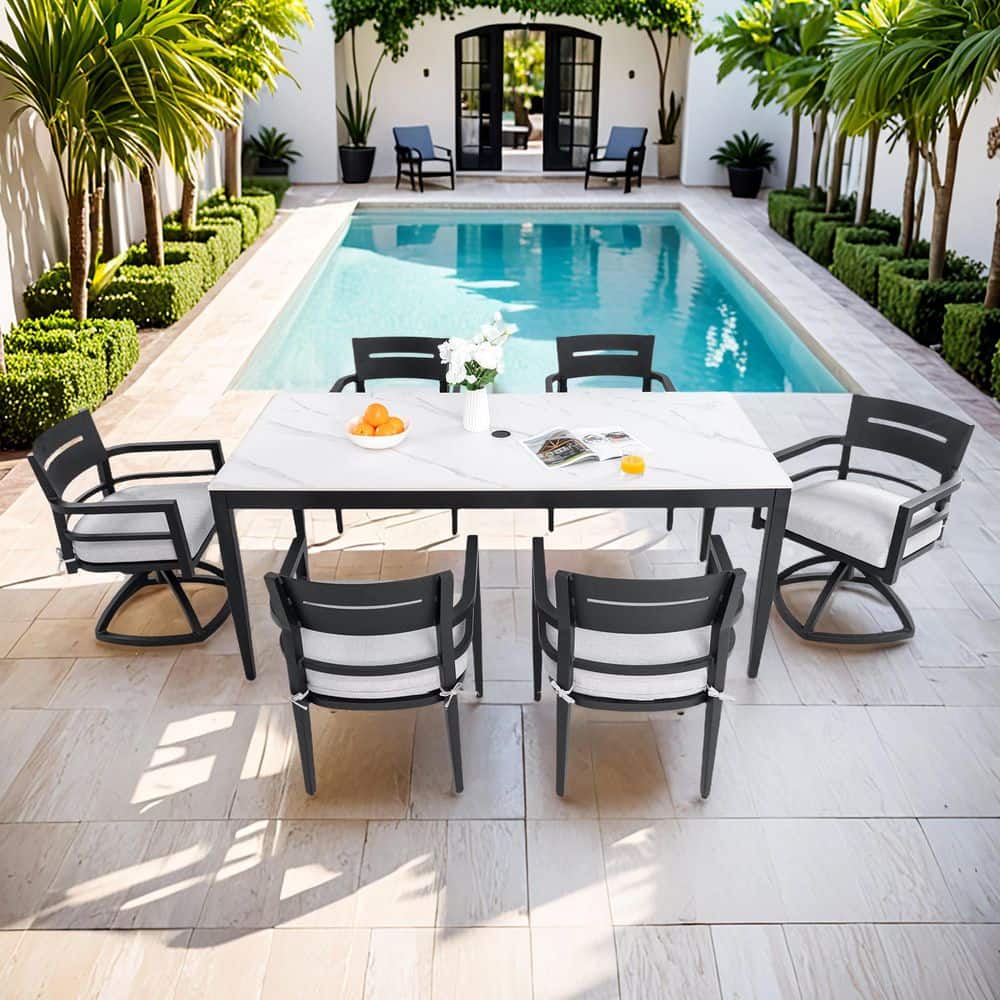 Ember Black 7-Piece Aluminum Outdoor Dining Set with Cast Silver Cushions and White Stone Table price history on PriceWatchPro