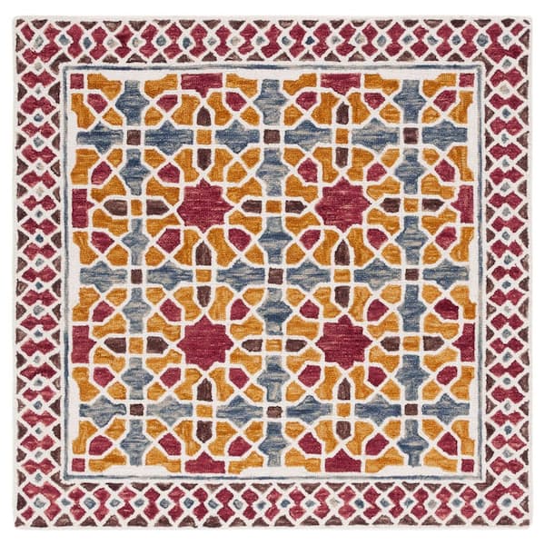 Aspen 5 ft. x 5 ft. Red/Yellow Geometric Border Square Area Rug